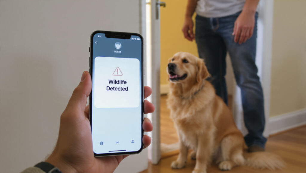 Homeowner receives a wildlife alert while their dog sits nearby.