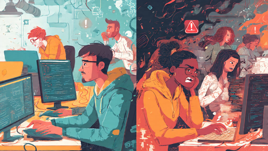 Developers releasing AI updates while users experience glitches.