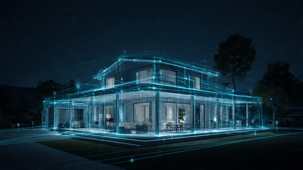 Futuristic smart home glowing at night with connected devices.