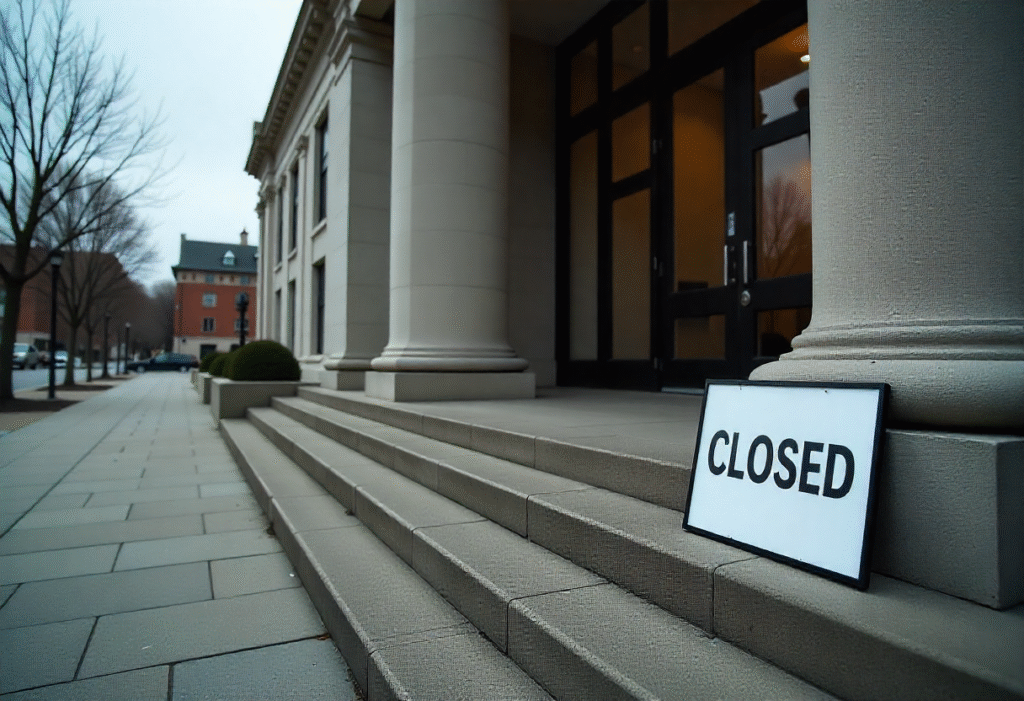 “Closed” sign on federal building steps
